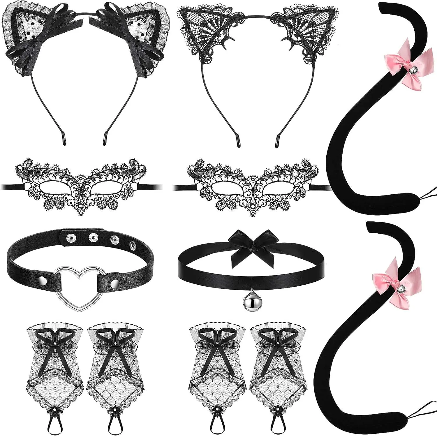 10 Pieces Black Cat Halloween Costume for Women With Love Heart Bowknot Bell Tail Adjustable Leather Choker Sweet Lace Ears Gloves Headband for Girls