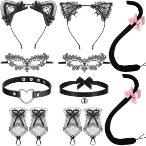 10 Pieces Black Cat Halloween Costume for Women With Love Heart Bowknot Bell Tail Adjustable Leather Choker Sweet Lace Ears Gloves Headband for Girls