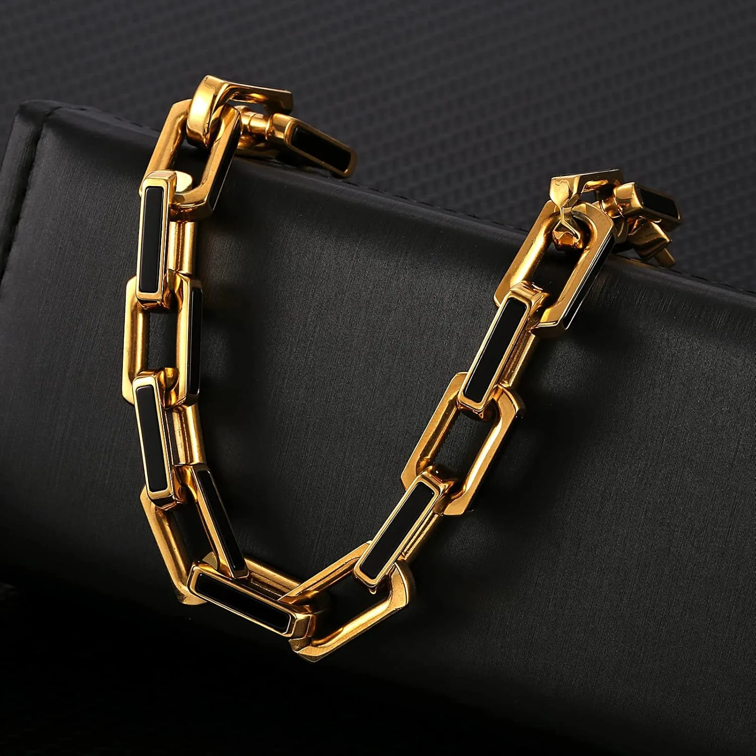 10mm Black Agate Stainless Steel Bracelet For Men 18K Gold Bracelet