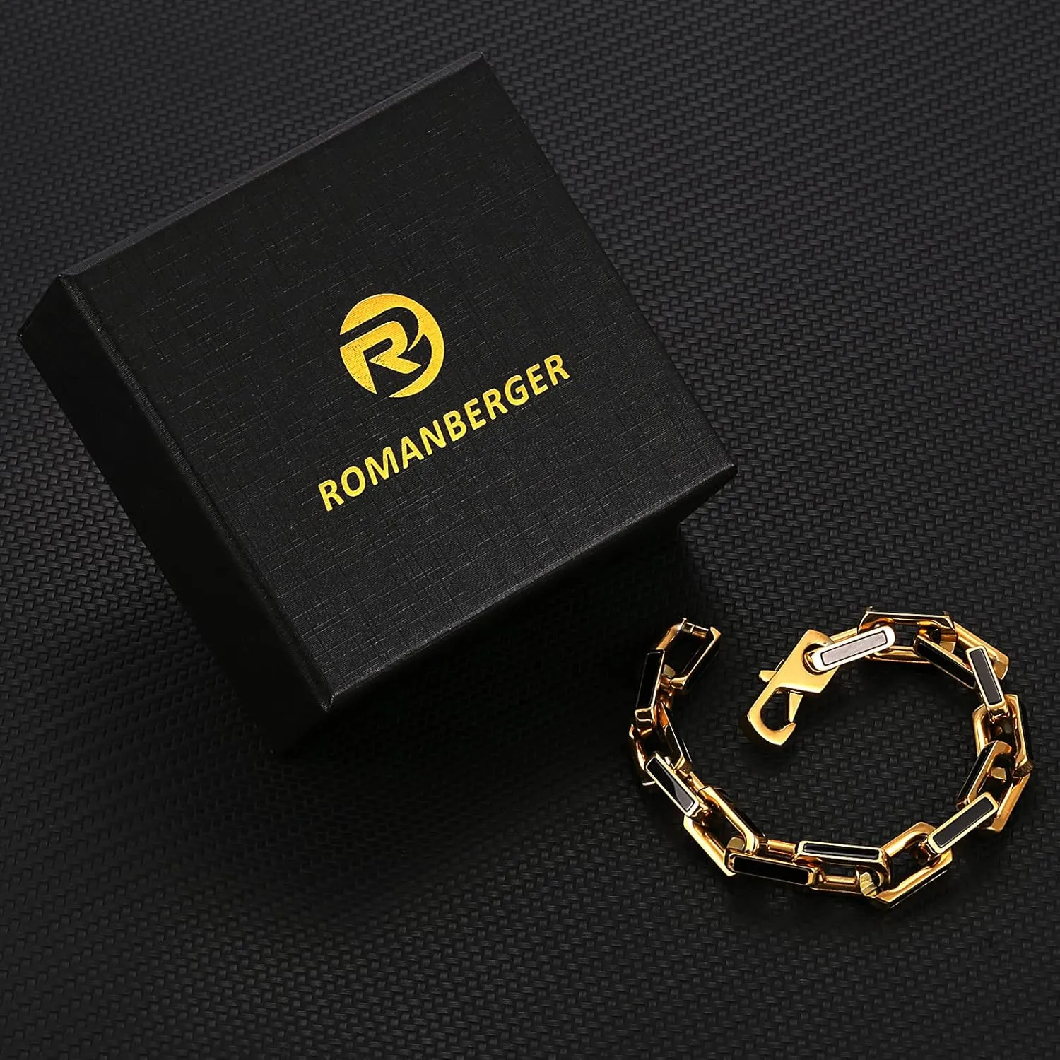 10mm Black Agate Stainless Steel Bracelet For Men 18K Gold Bracelet