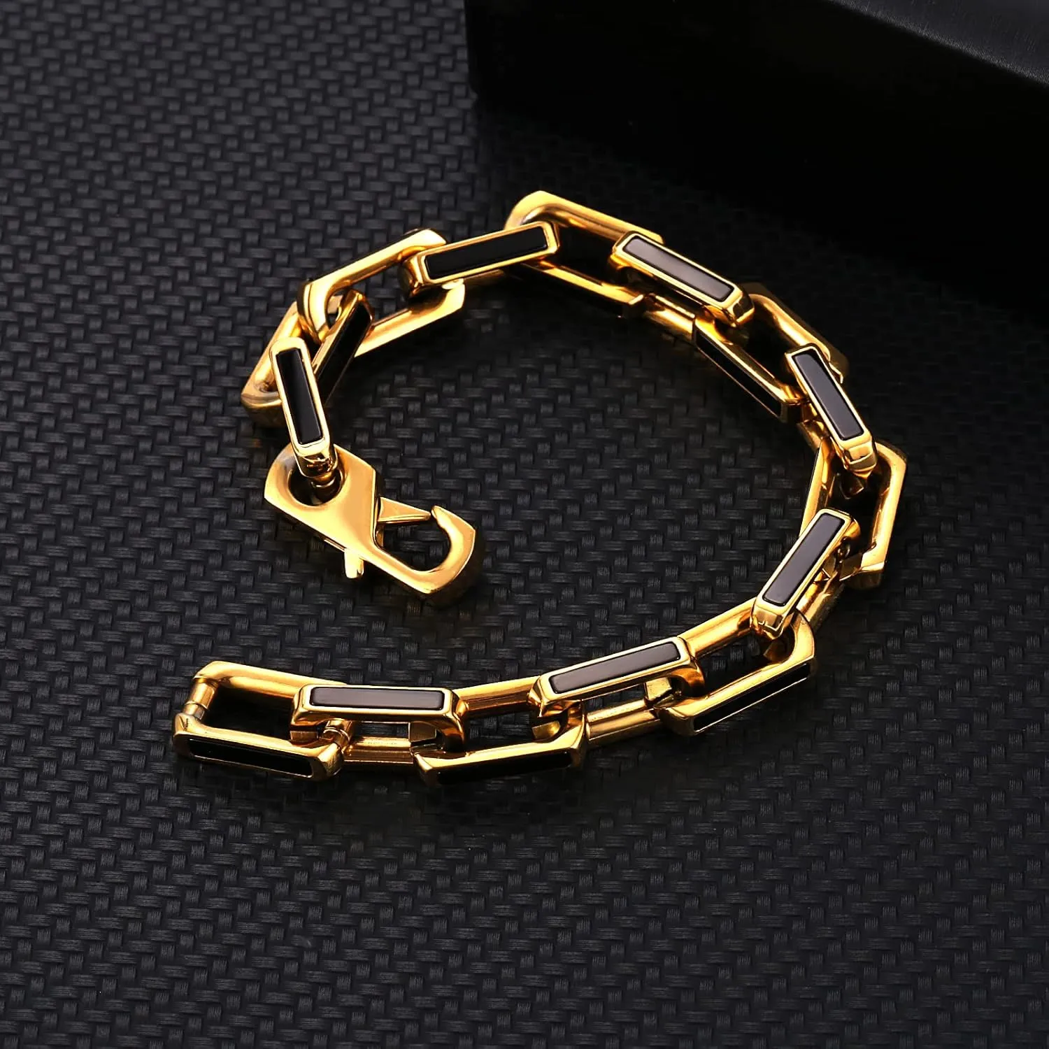 10mm Black Agate Stainless Steel Bracelet For Men 18K Gold Bracelet