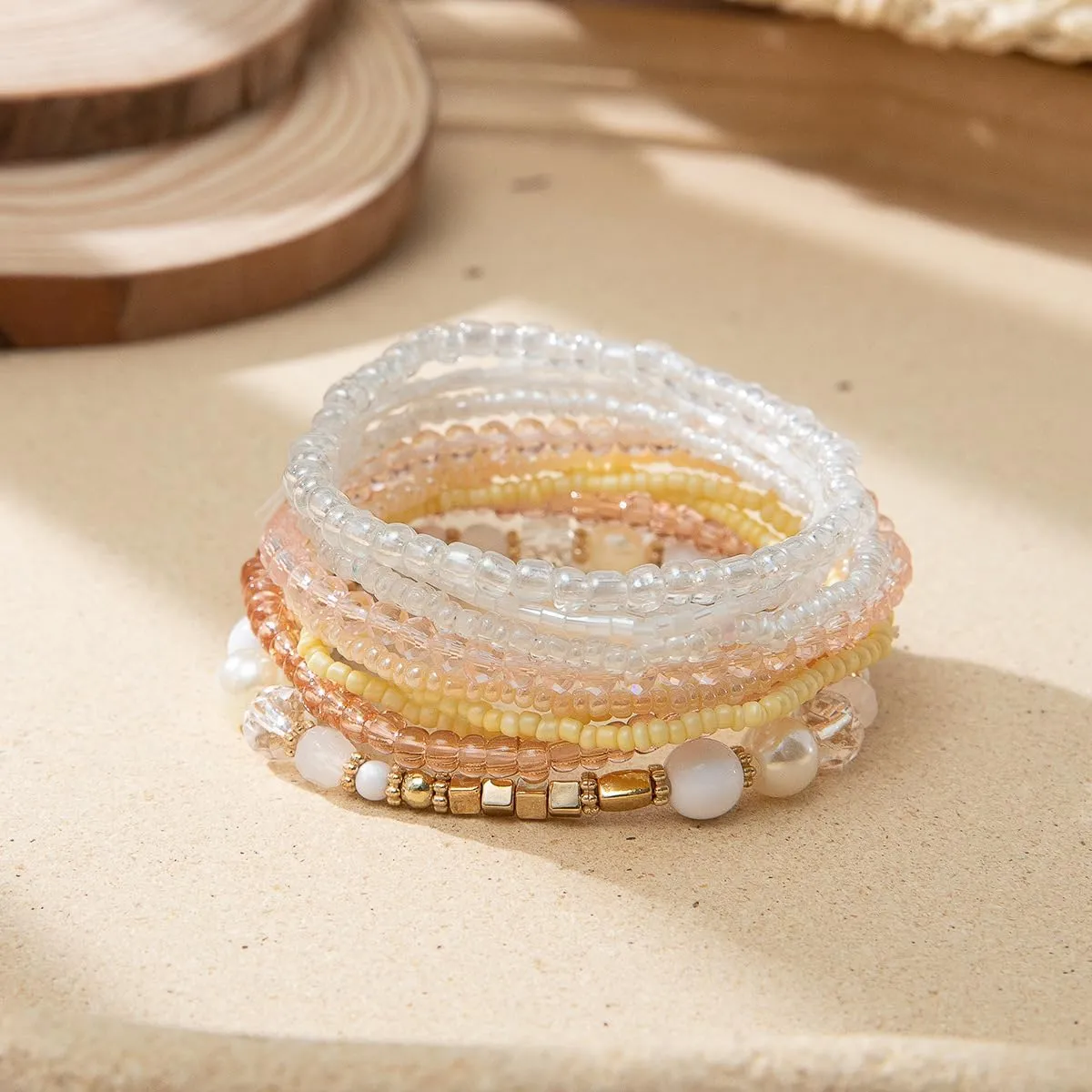 10PCS Bohemian Stackable Bead Bracelets Handmade Colorful Crystal Pearl Stretch Beads Bracelets Multi Layer Versatile Statement Bracelet Jewelry for Women