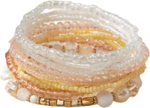 10PCS Bohemian Stackable Bead Bracelets Handmade Colorful Crystal Pearl Stretch Beads Bracelets Multi Layer Versatile Statement Bracelet Jewelry for Women