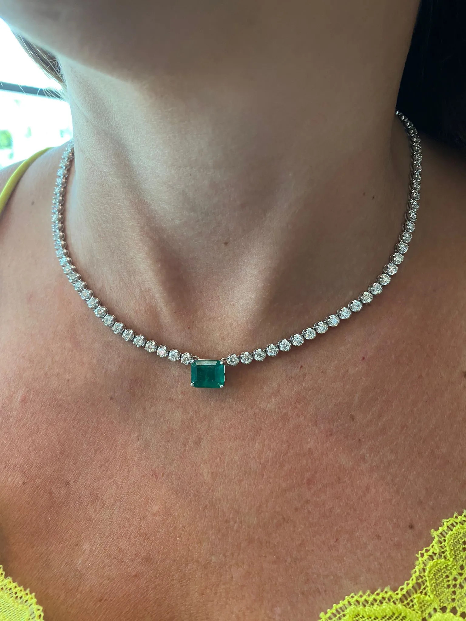 11 Carat T.W Natural Emerald and Diamond Tennis Necklace Solid Gold