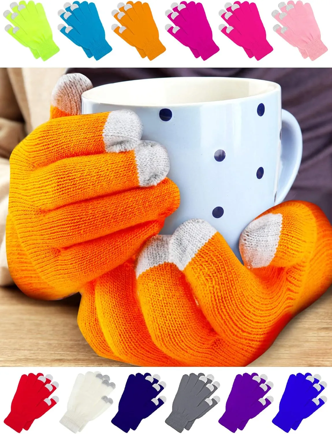 12 Pairs Winter Touch Screen Gloves For Men Women Stretch Knitted Texting Gloves Warm Windproof Solid Color Mittens