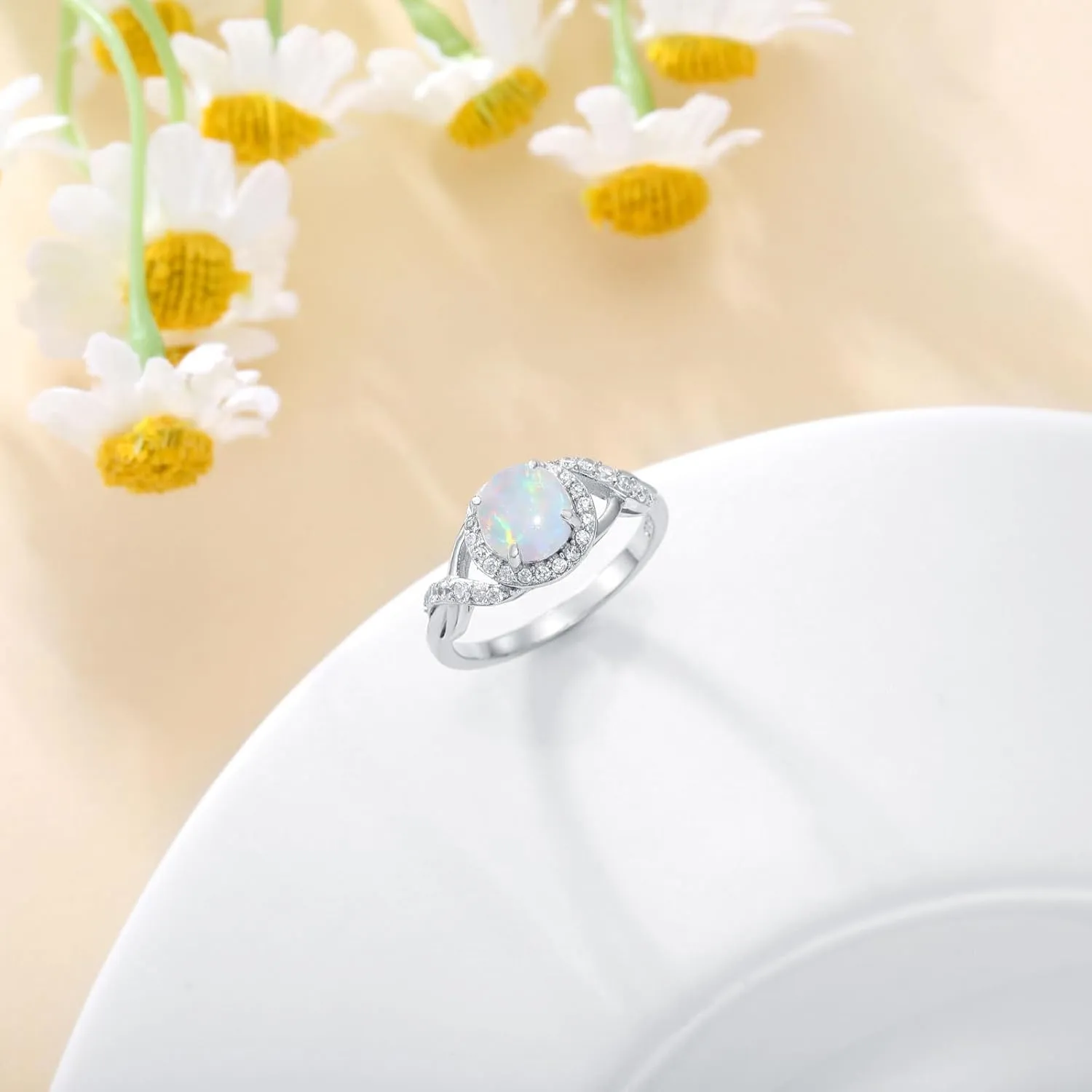1.25ctw Round Opal Rings For Women 925 Sterling Silver Genuine Halo Opal Engagement Ring October Birthstone Opal Anniversary Promise Ring for Her