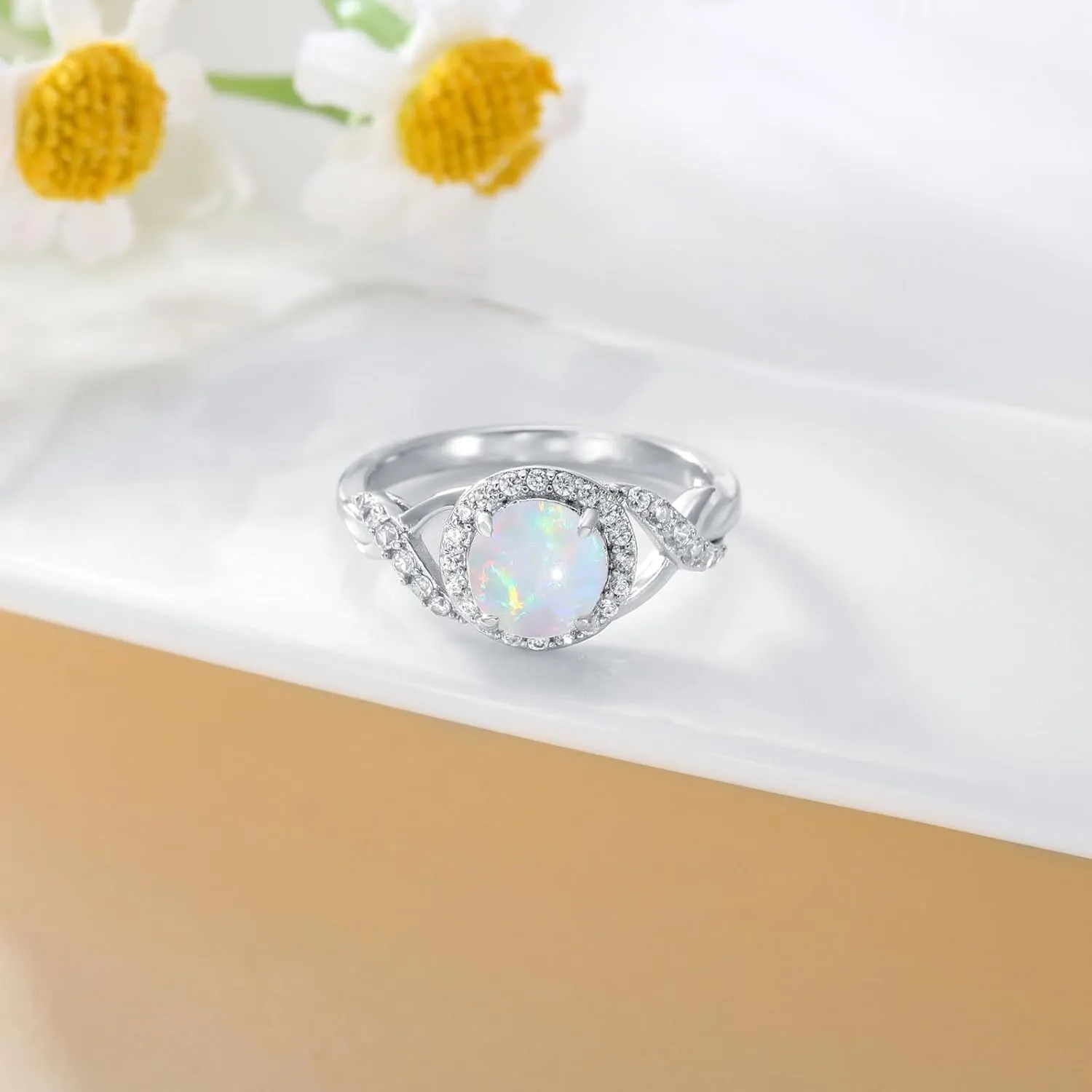 1.25ctw Round Opal Rings For Women 925 Sterling Silver Genuine Halo Opal Engagement Ring October Birthstone Opal Anniversary Promise Ring for Her