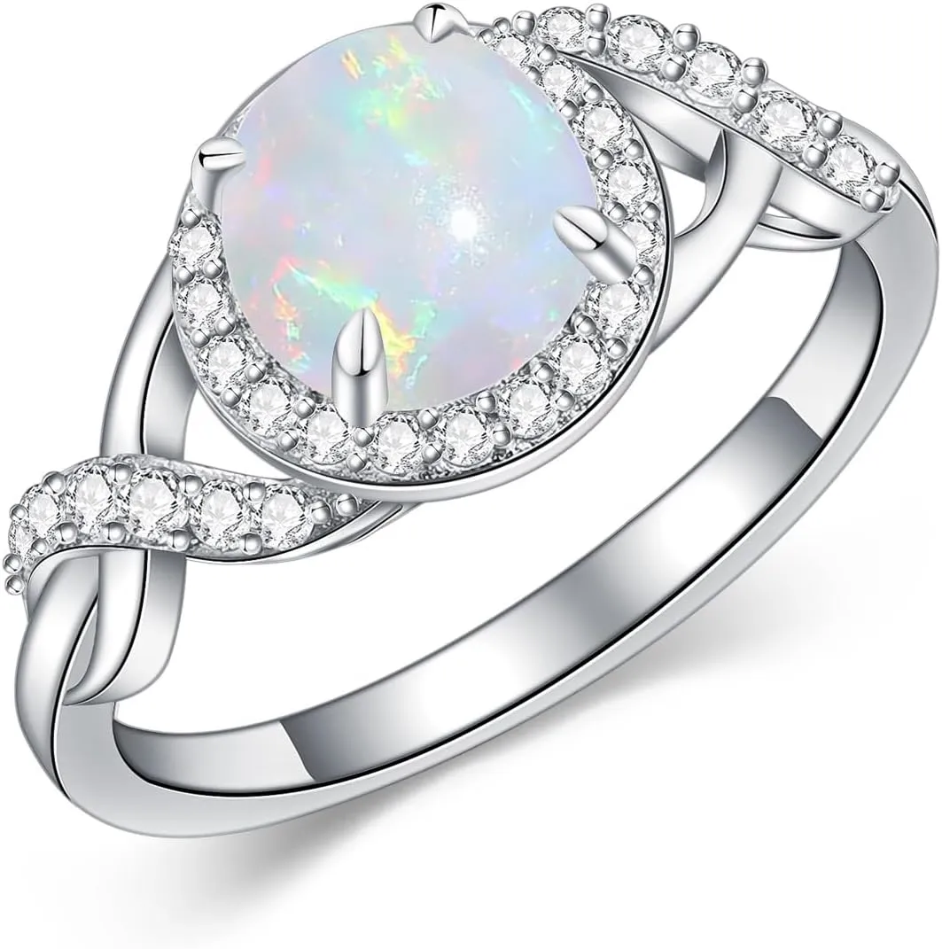 1.25ctw Round Opal Rings For Women 925 Sterling Silver Genuine Halo Opal Engagement Ring October Birthstone Opal Anniversary Promise Ring for Her