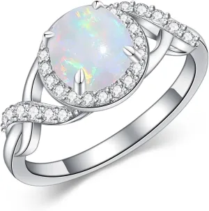 1.25ctw Round Opal Rings For Women 925 Sterling Silver Genuine Halo Opal Engagement Ring October Birthstone Opal Anniversary Promise Ring for Her