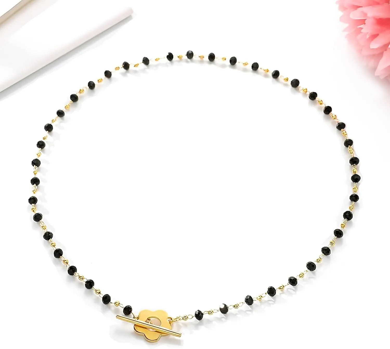 14K Gold Choker Necklace for Women – Waterproof Non-Tarnish | Adjustable Black Crystal Beaded Lariat Collar | Hypoallergenic Dainty Lightweight Trendy Layering Chain for Casual & Formal Outfits