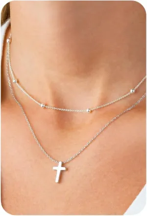 14K Gold Layered Cross Necklaces for Women,Tiny Small Sideways Cross Necklace Minimalist Christian Jewelry Gifts for Women Girls,2Pcs