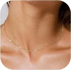 14K Gold Necklace for Women Non-Tarnish Gold Plated Chain Necklaces Dainty Jewelry Perfect for Layering or Solo Wear Trendy Box Chain Herringbone Choker Necklace Gift for Women