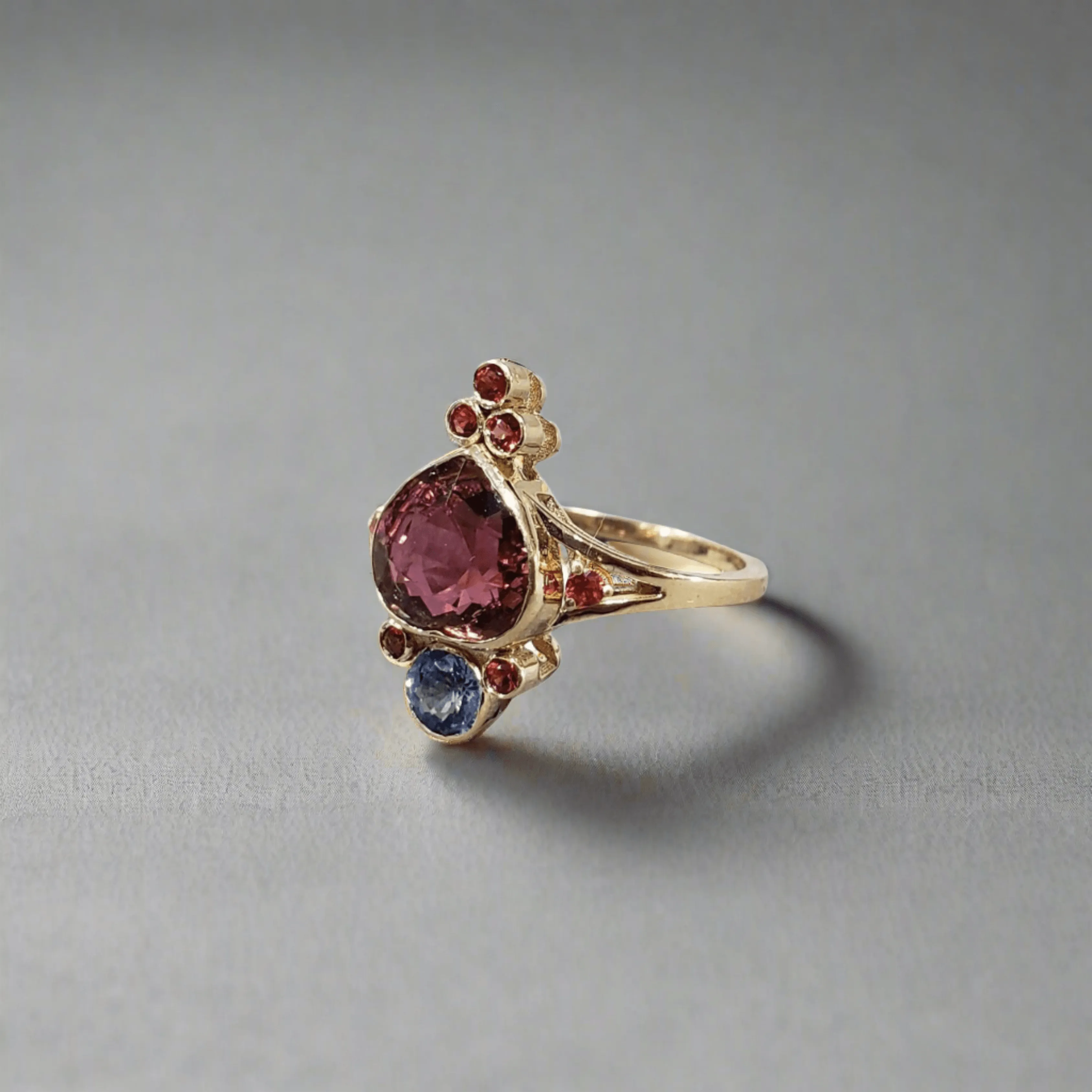 14k Gold Pink Tourmaline with Blue & Red Sapphire Ring