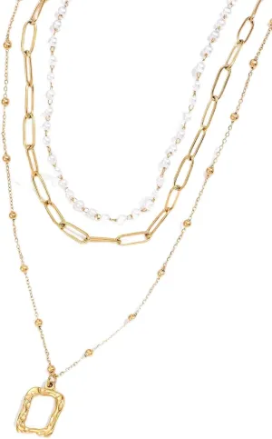 14K Gold Plated Geometric Pendant Layered Necklace