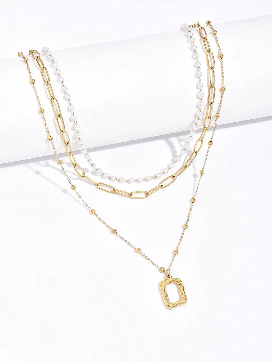 14K Gold Plated Geometric Pendant Layered Necklace