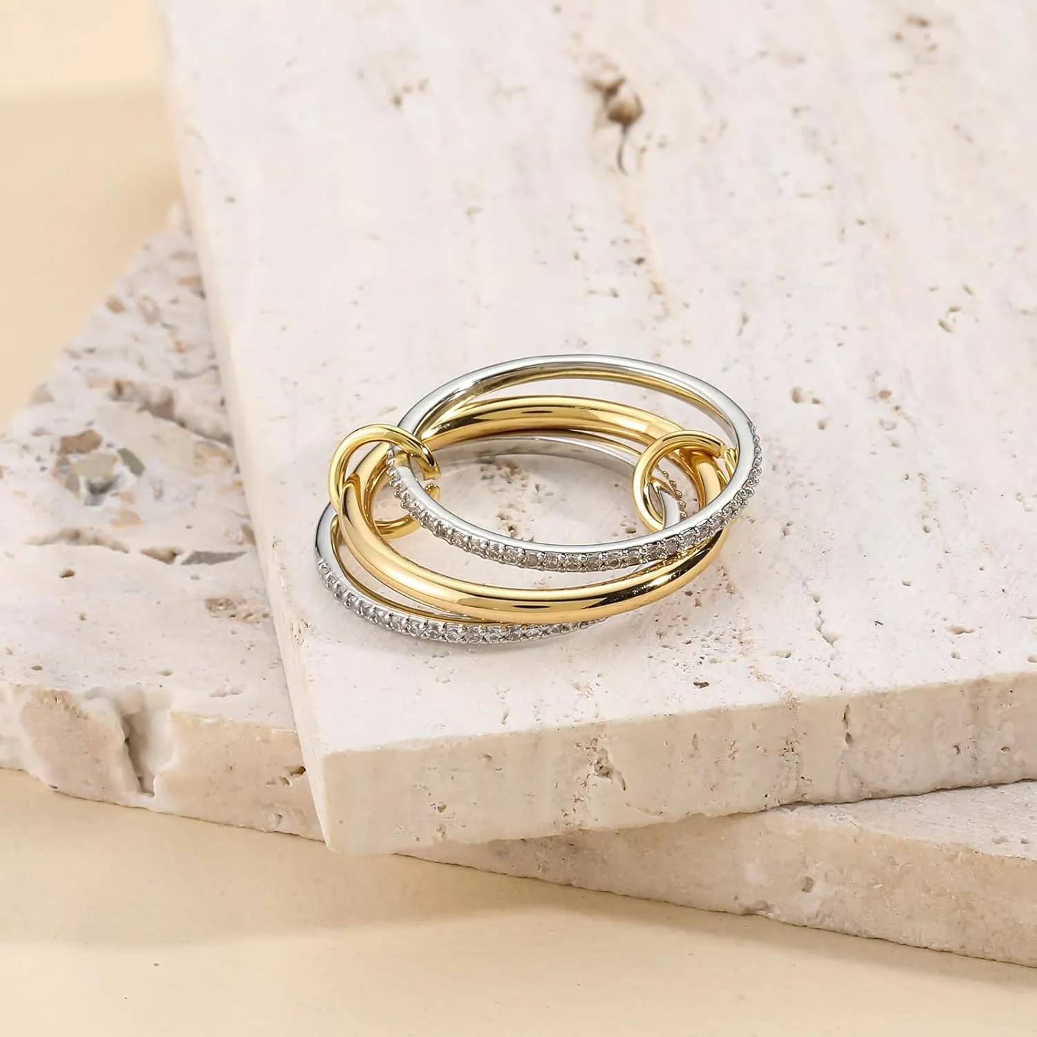 14k Gold Silver Plated Stackable Rings for Women Minimalist Moissanite Cubic Zirconia Dainty Mixed Metal Two Tone Gemstone Stacked Travel Faux Diamond Rings Set Non Tarnish Statement Knuckle Jewelry