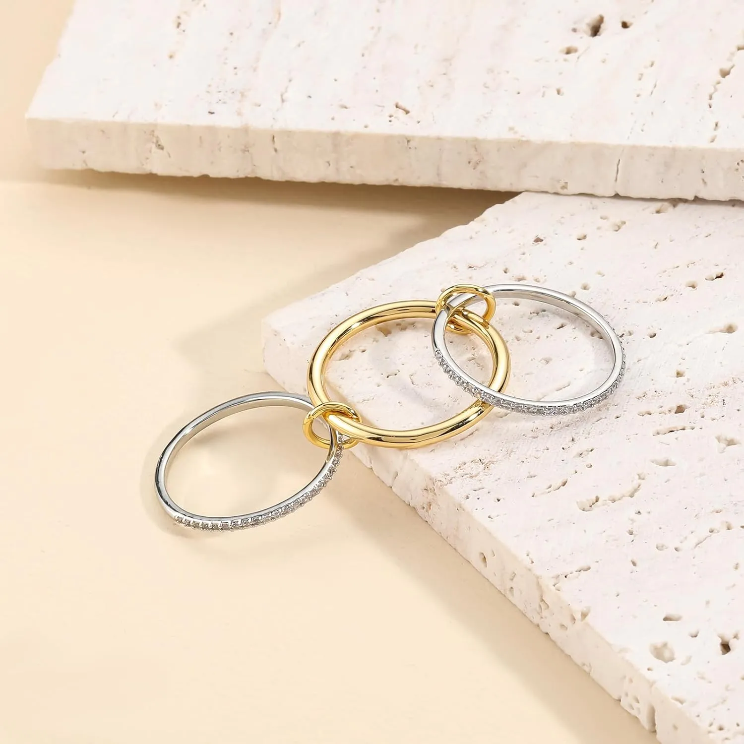 14k Gold Silver Plated Stackable Rings for Women Minimalist Moissanite Cubic Zirconia Dainty Mixed Metal Two Tone Gemstone Stacked Travel Faux Diamond Rings Set Non Tarnish Statement Knuckle Jewelry