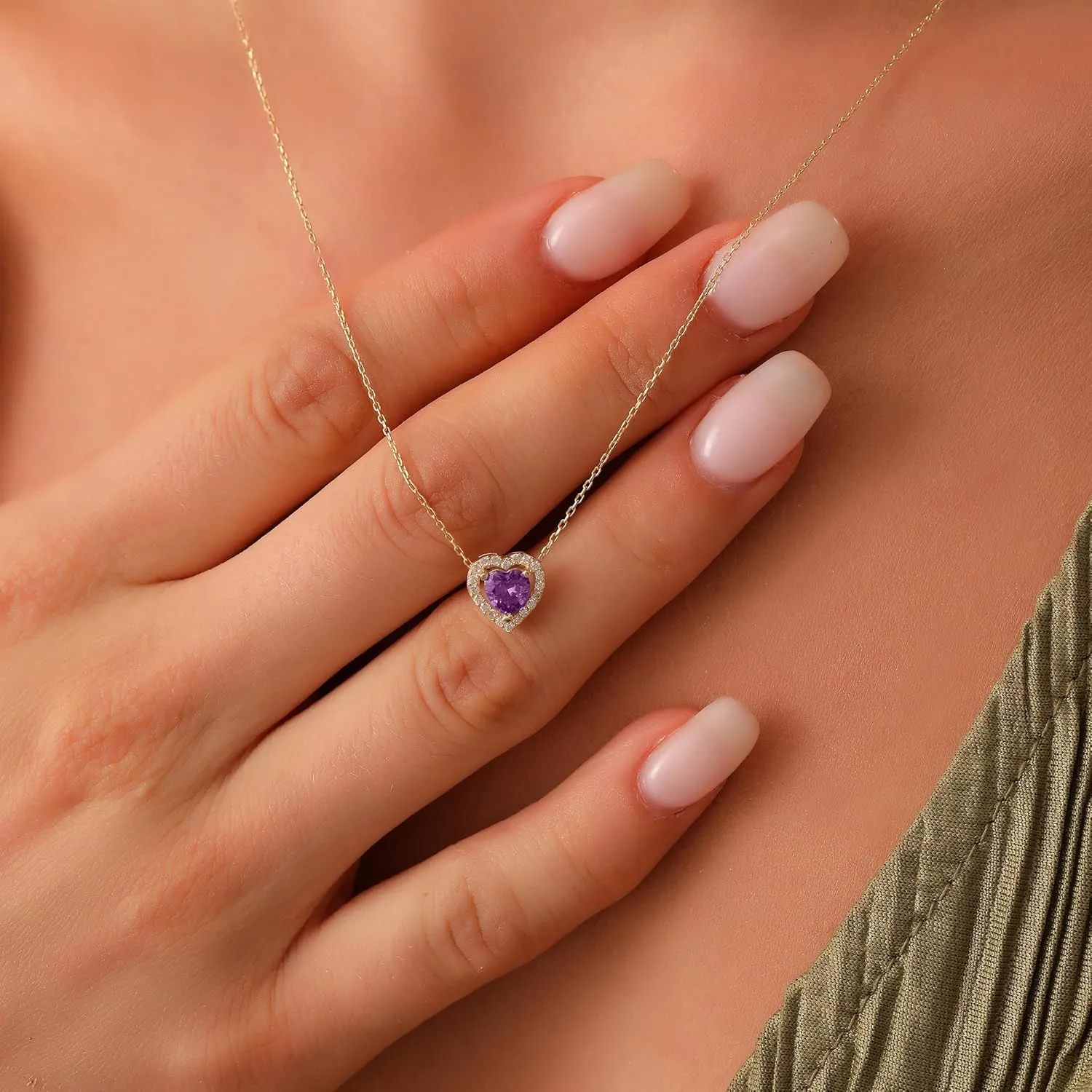 14K Real Gold Amethyst Necklace, Dainty initial Heart Necklace, Minimalist Gold Heart Amethyst Necklace, Christmas Gift, Birthday Gift