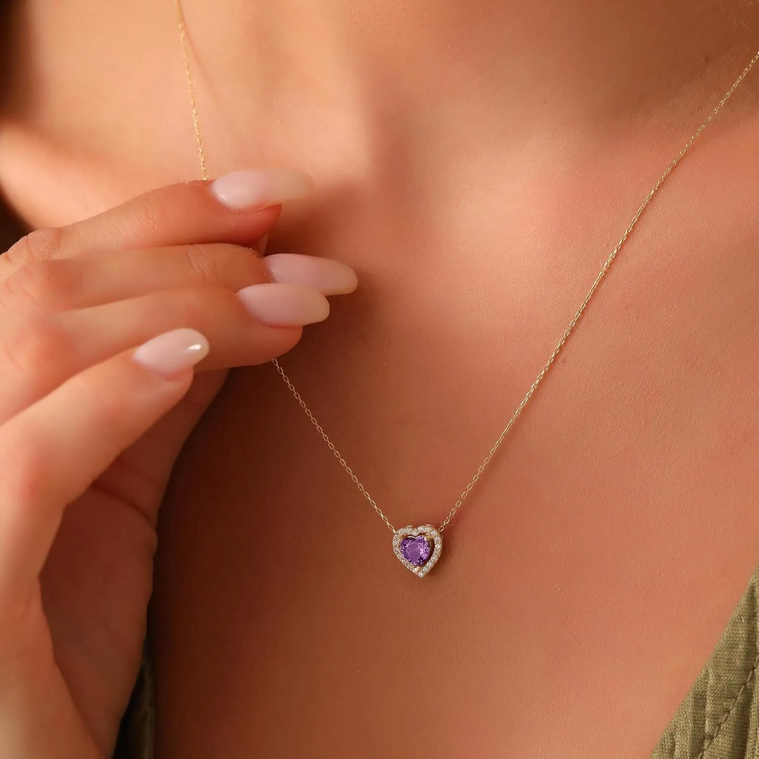 14K Real Gold Amethyst Necklace, Dainty initial Heart Necklace, Minimalist Gold Heart Amethyst Necklace, Christmas Gift, Birthday Gift