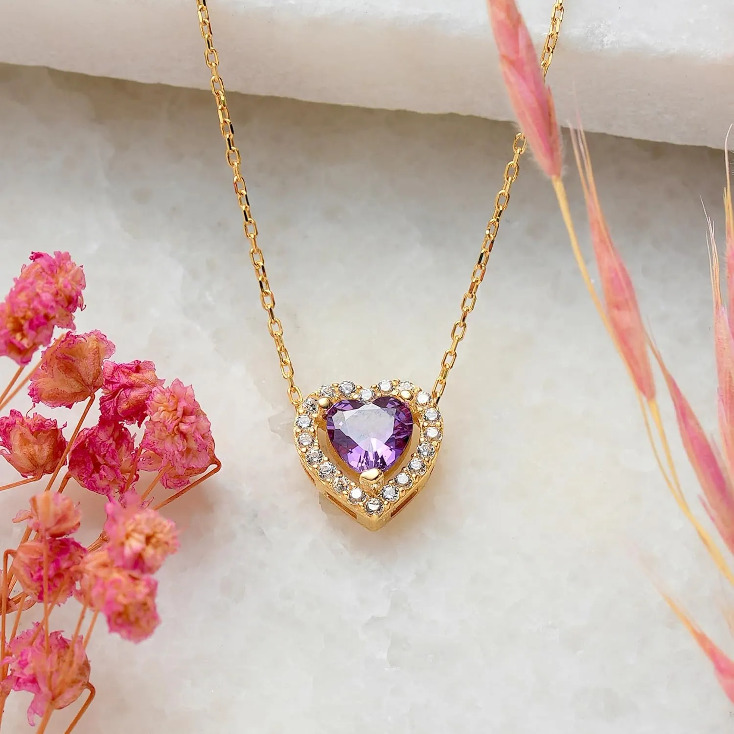 14K Real Gold Amethyst Necklace, Dainty initial Heart Necklace, Minimalist Gold Heart Amethyst Necklace, Christmas Gift, Birthday Gift