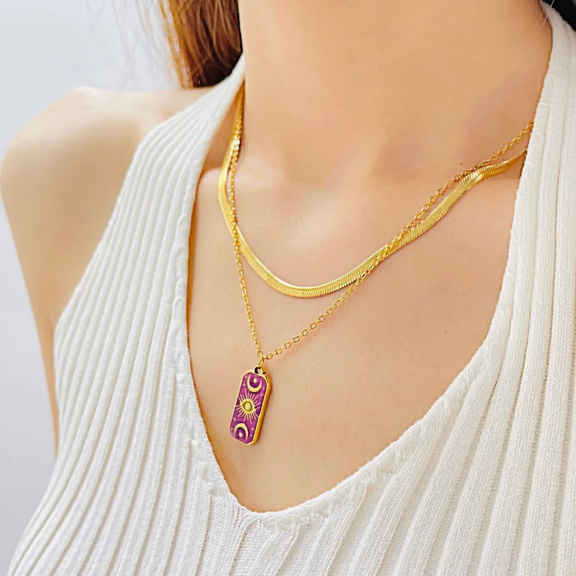 14k Vermeil Gold Layered Double Necklace – Minimalist Herringbone & Sun Tarot Pendant Necklace