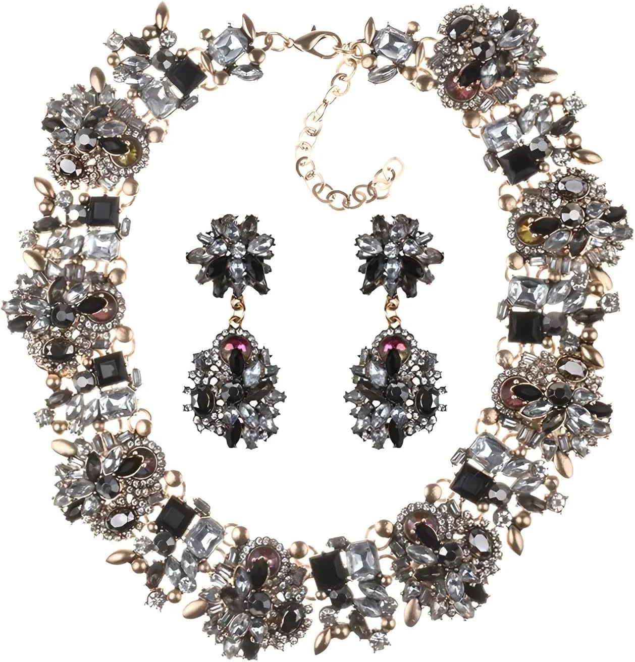 14K Yellow Gold Bib Necklace For Mrs Jewelry, ZA Indian Emerald Colorful Beaded Statement Choker Women, Black Crystal Chunky Rhinestone Large Collar Big Bib Necklace Jewelry