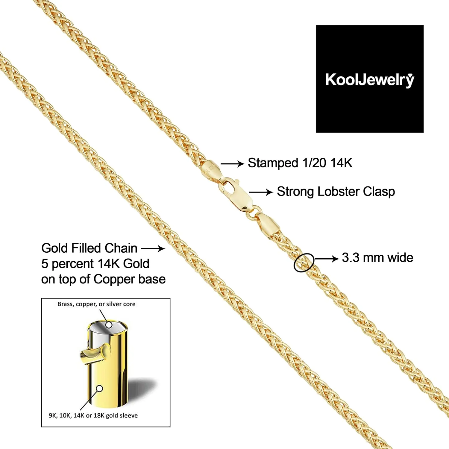 14k Yellow Gold Filled 3.3 mm Franco Chain Necklace for Men and Women (16, 18, 20, 24 or 30 inch)