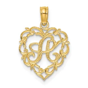 14K Yellow Gold Heart Shape Fancy Script Letter A Initial Charm Pendant