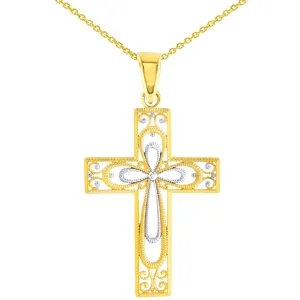 14K Yellow Gold Textured Milgrain Filigree Cross Pendant Necklace