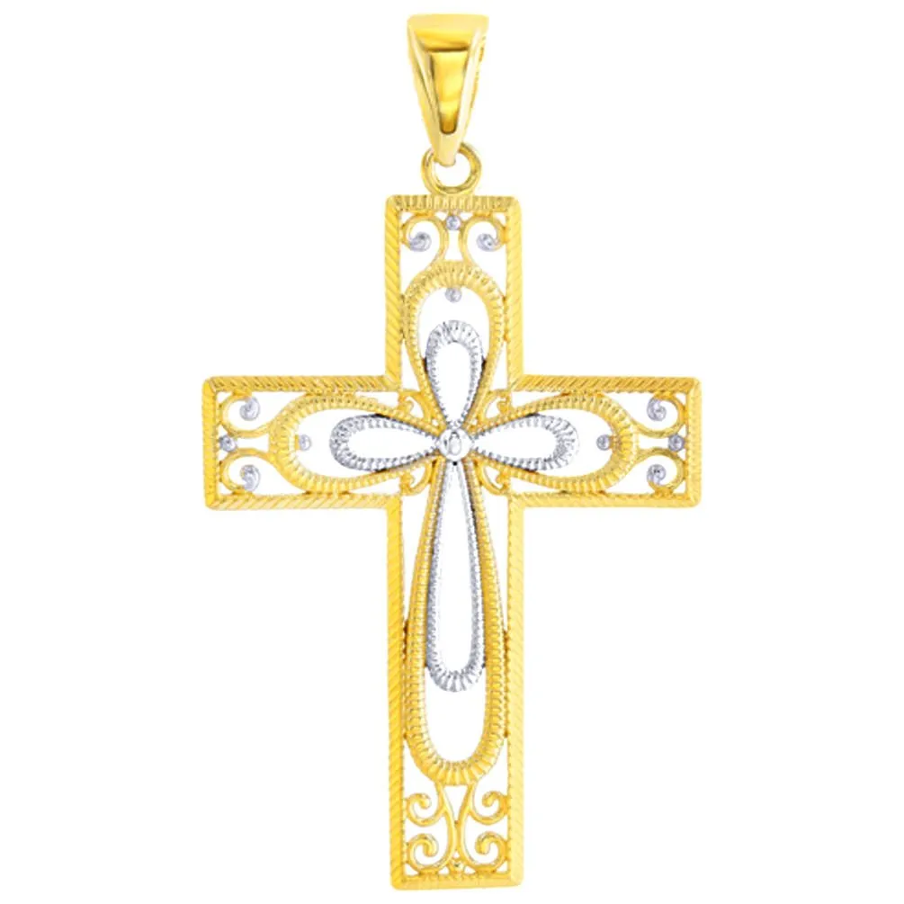 14K Yellow Gold Textured Milgrain Filigree Cross Pendant Necklace