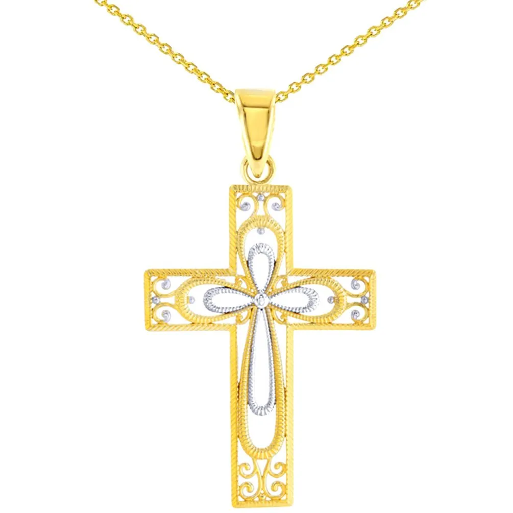 14K Yellow Gold Textured Milgrain Filigree Cross Pendant Necklace
