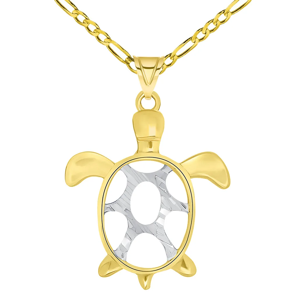 14k Yellow Gold Textured Two Tone Open Shell Sea Turtle Good Luck Pendant Necklace Available with Figaro Chain