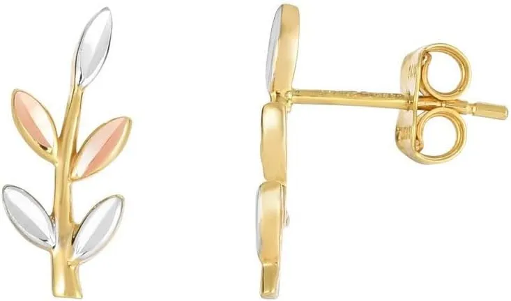 14k Yellow Rose White Gold 16x6mm Diam cut Tri color 5 Leaf Earrings Climber Push Back Clasp Anklet - Jewelry Gift for Mom