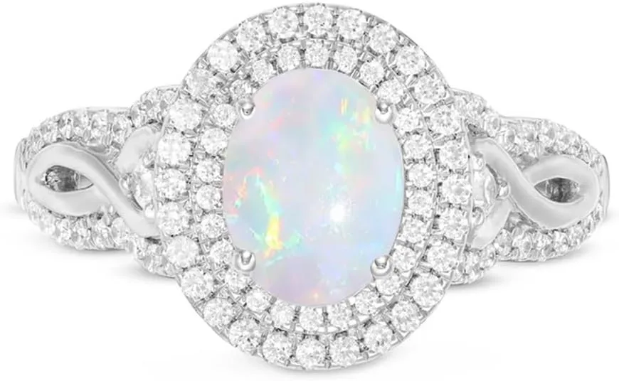1.5 Carats Opal Rings for Women,925 Sterling Silver Dainty Opal Promise Ring for Her Double Frame Split Shank Opal Birthstone Ring Birthday Jewelry