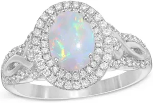 1.5 Carats Opal Rings for Women,925 Sterling Silver Dainty Opal Promise Ring for Her Double Frame Split Shank Opal Birthstone Ring Birthday Jewelry
