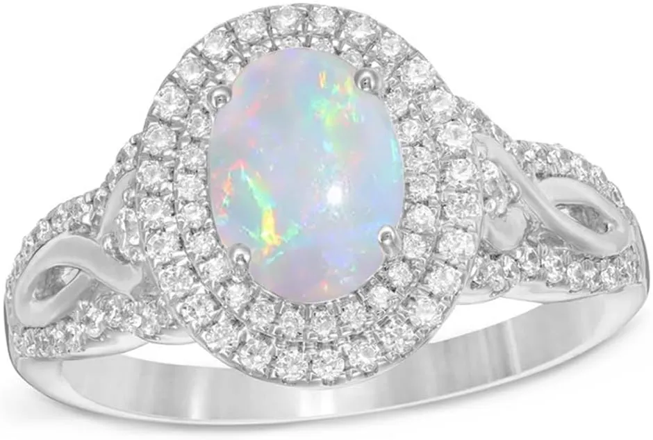 1.5 Carats Opal Rings for Women,925 Sterling Silver Dainty Opal Promise Ring for Her Double Frame Split Shank Opal Birthstone Ring Birthday Jewelry