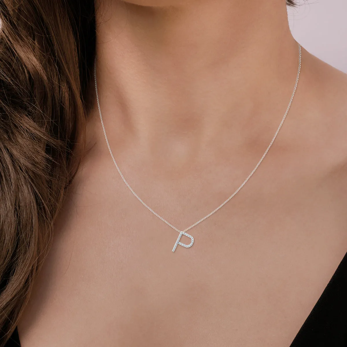 1/6 Carat Tw P Initial Diamond Pendant Necklace In 10K White Gold With Adjustable Chain