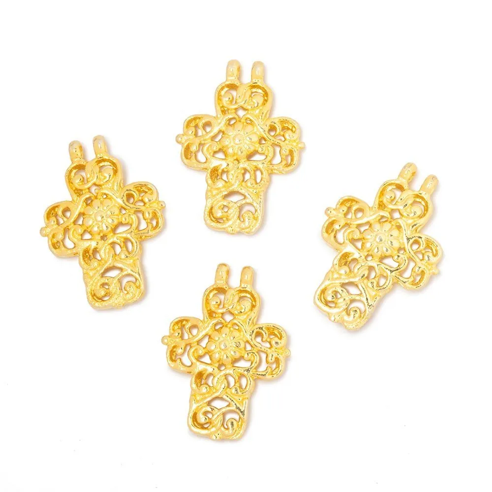 17x14.5mm Filigree Cross Two Ring Pendant Charm Set of 4 pieces