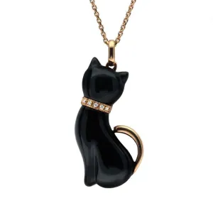 18ct Rose Gold Whitby Jet and Diamond Cat With Tail Large Necklace D