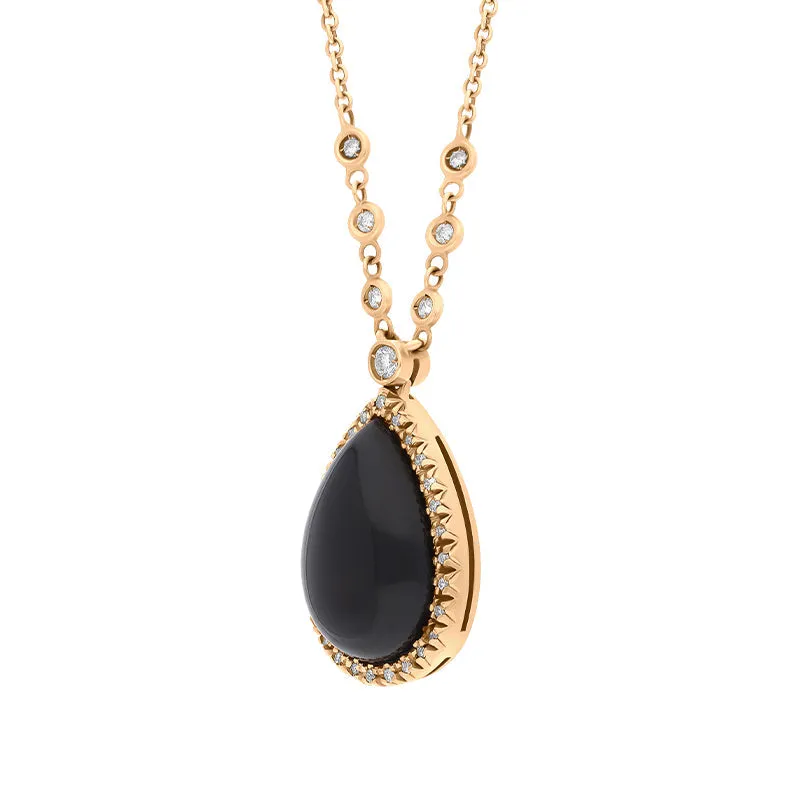 18ct Rose Gold Whitby Jet Diamond Teardrop Necklace D
