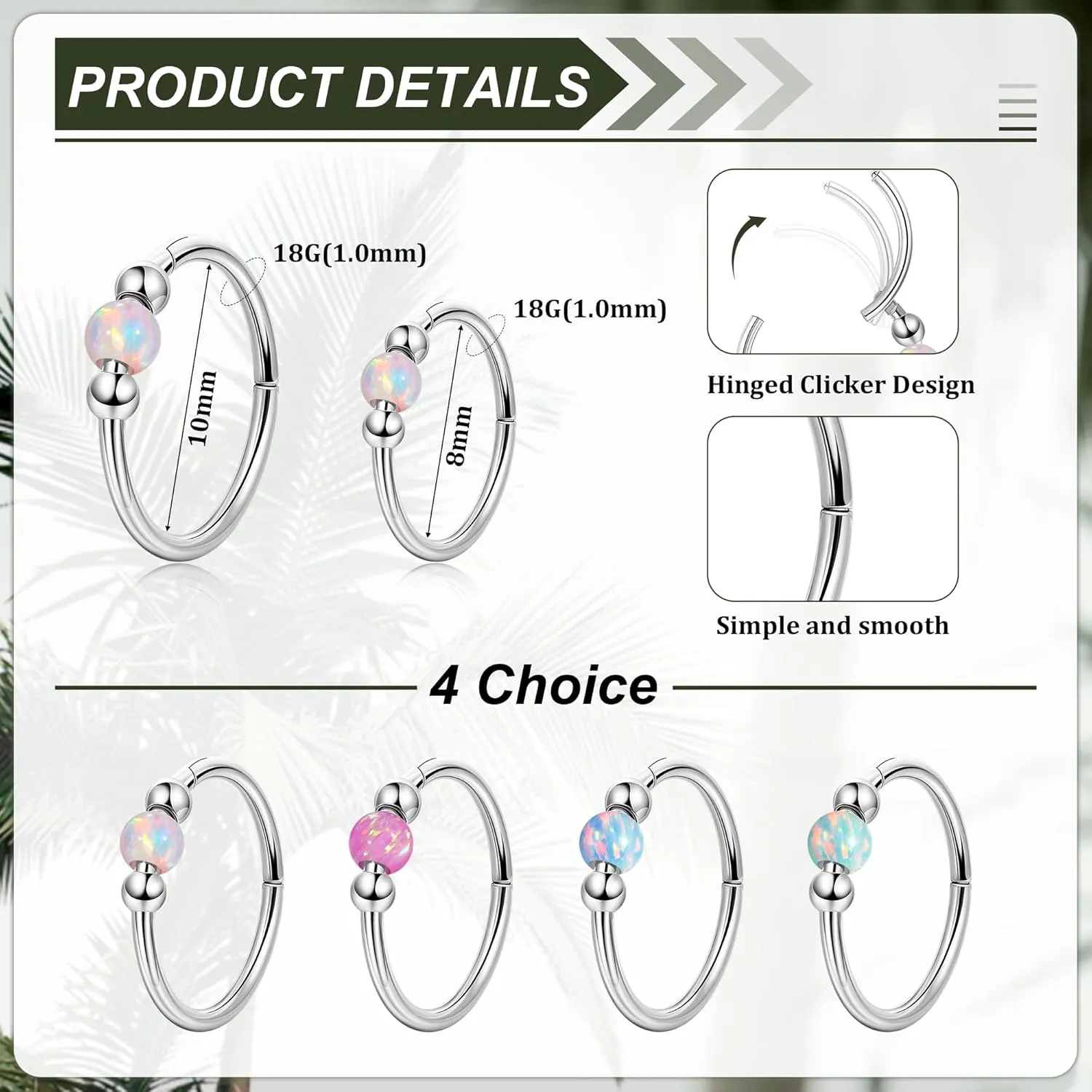 18G G23 Titanium Nose Ring for Women Opal Nose Hoop Hypoallergenic Clicker Septum Nose Ring Hinged Segment Daith Helix Cartilage Tragus Hoop 8/10mm