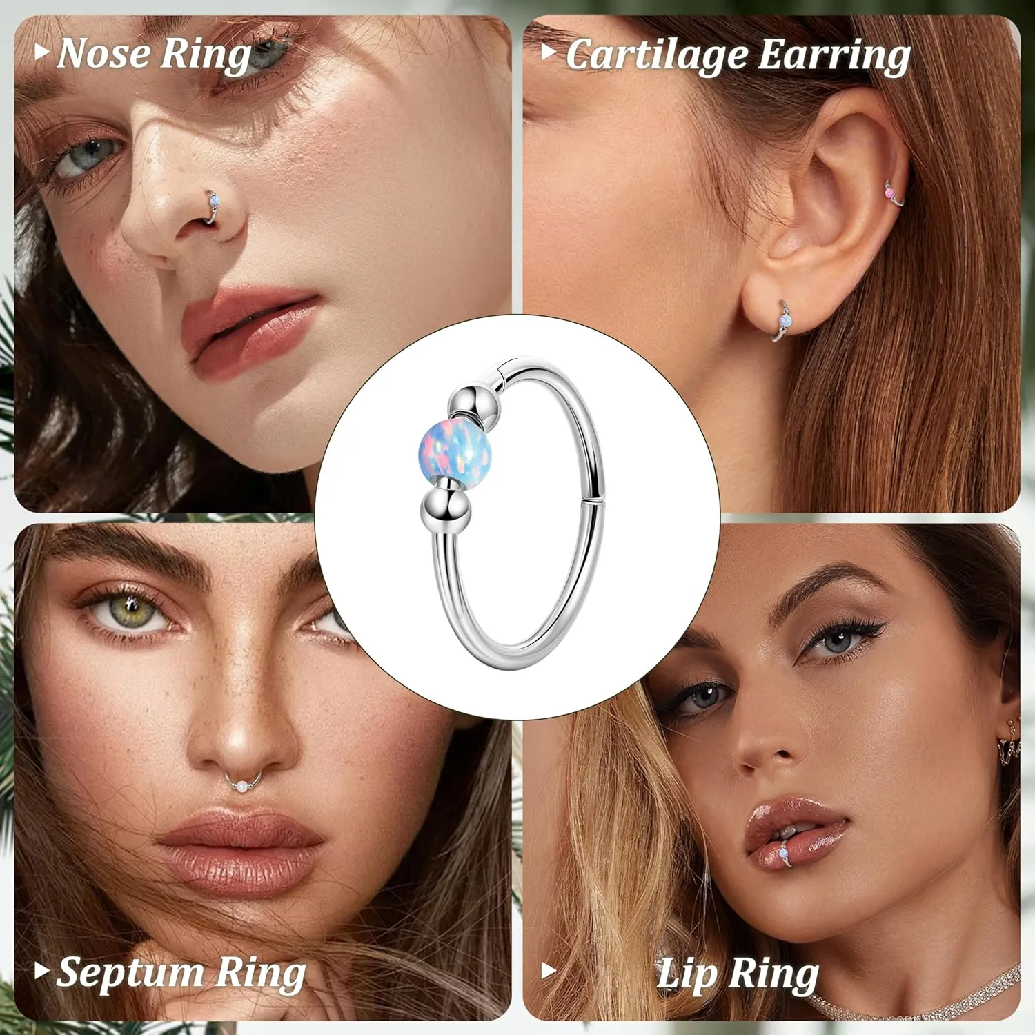 18G G23 Titanium Nose Ring for Women Opal Nose Hoop Hypoallergenic Clicker Septum Nose Ring Hinged Segment Daith Helix Cartilage Tragus Hoop 8/10mm