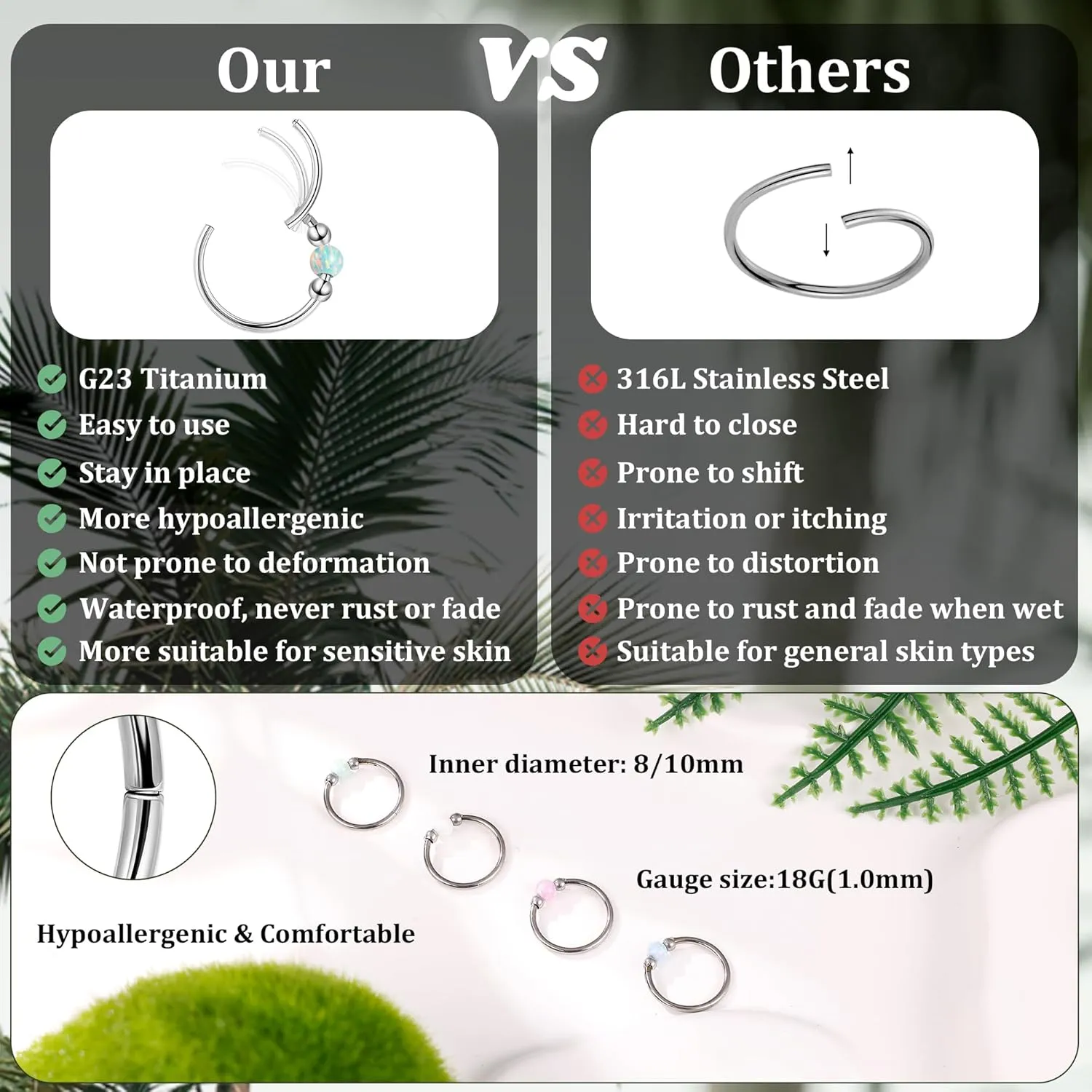 18G G23 Titanium Nose Ring for Women Opal Nose Hoop Hypoallergenic Clicker Septum Nose Ring Hinged Segment Daith Helix Cartilage Tragus Hoop 8/10mm