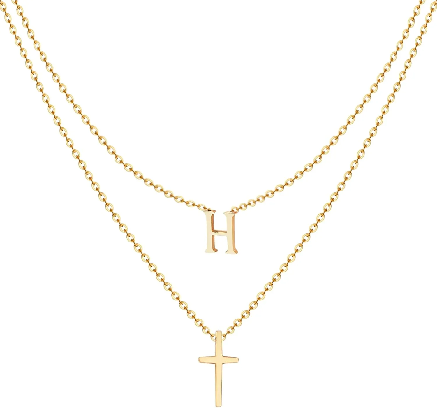 18k Gold Initial and Cross Layered Necklaces for Women Dainty Christian Jewelry Personalized Name Necklace Christian Gift for Her Friendship Elegant Gold Necklace for Women