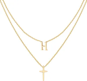 18k Gold Initial and Cross Layered Necklaces for Women Dainty Christian Jewelry Personalized Name Necklace Christian Gift for Her Friendship Elegant Gold Necklace for Women