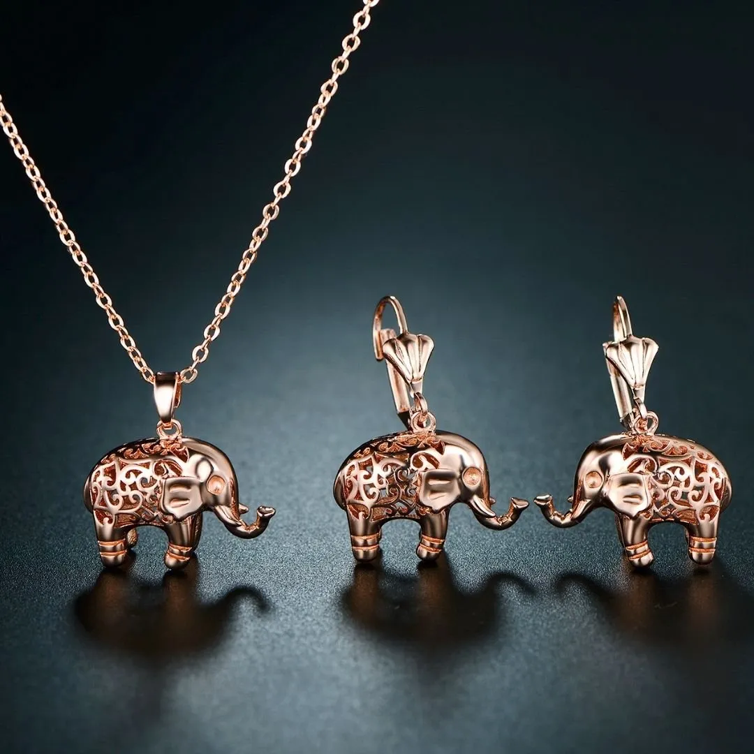 18K Gold Plated Good Luck Elephant Necklace and Earring Set