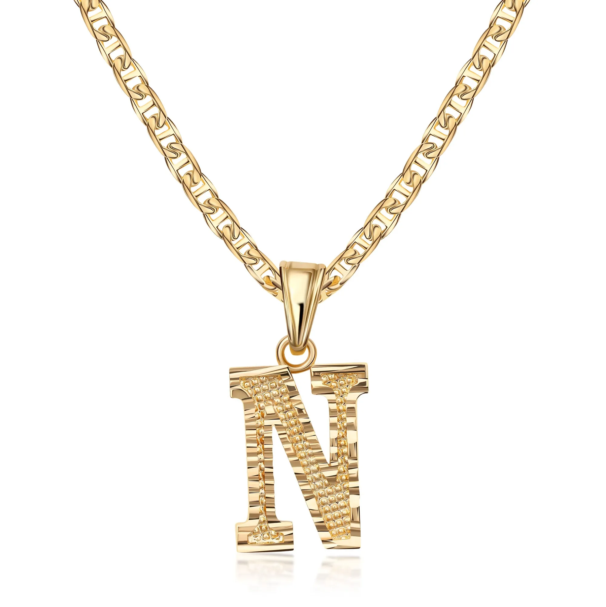 18K Gold Plated Initial Necklace with Diamond Cut Initial,18" Chain with 2" Extension