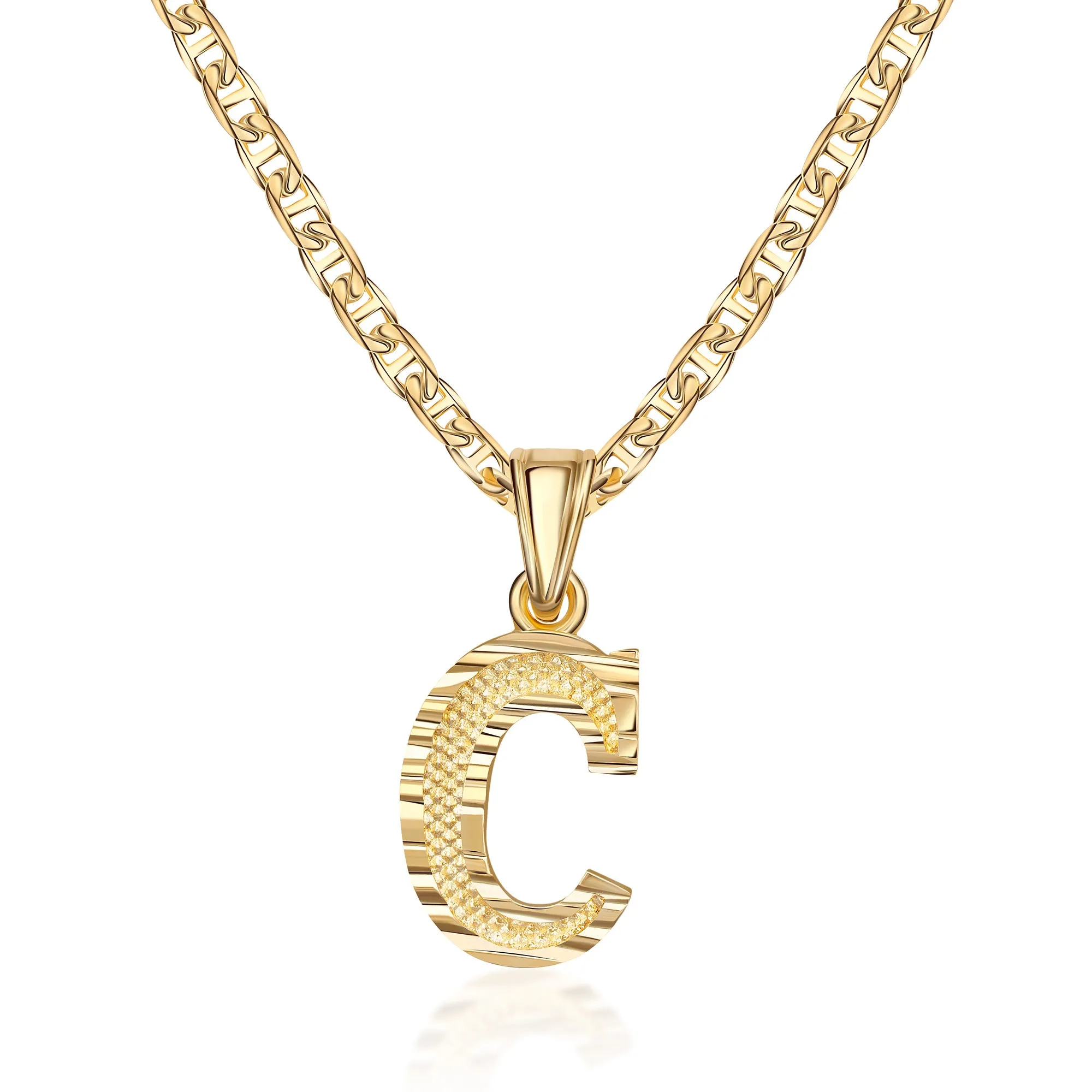 18K Gold Plated Initial Necklace with Diamond Cut Initial,18" Chain with 2" Extension