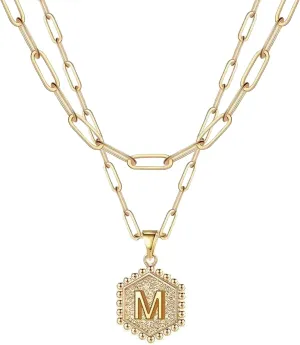 18K Gold Plated Layered Initial A-Z Pendant Necklaces Paper Clip Chain Hexagon Letter Pendant Chunky Gold Necklaces for Women