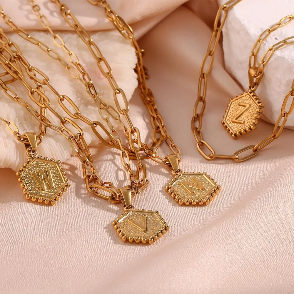 18K Gold Plated Layered Initial A-Z Pendant Necklaces Paper Clip Chain Hexagon Letter Pendant Chunky Gold Necklaces for Women
